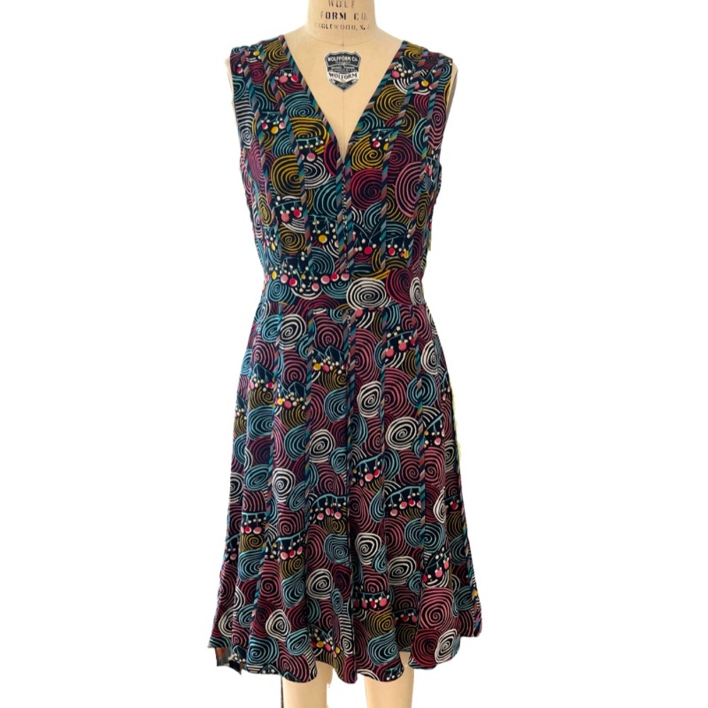 VINTAGE CACHERAL V Neck Pleated Midi Dress Multicolored Size S